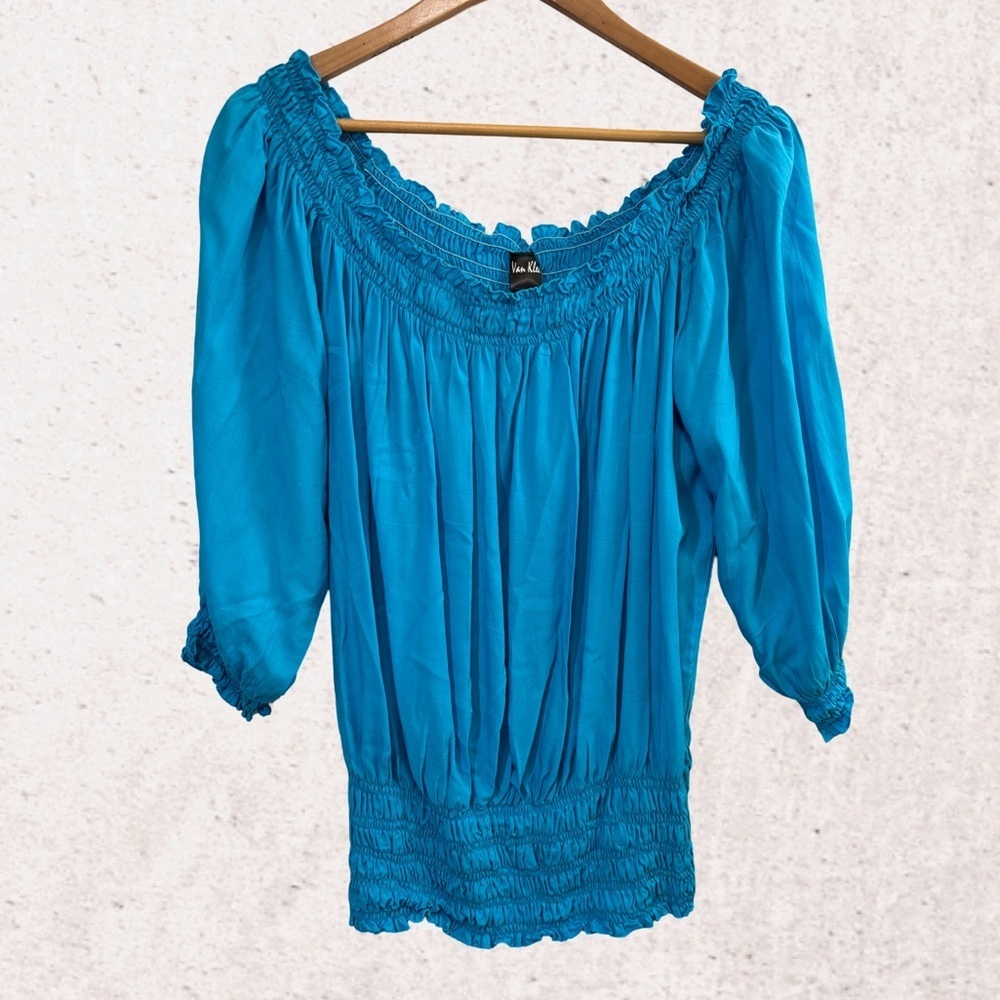 Blue Smocked Puff Sleeve Blouse